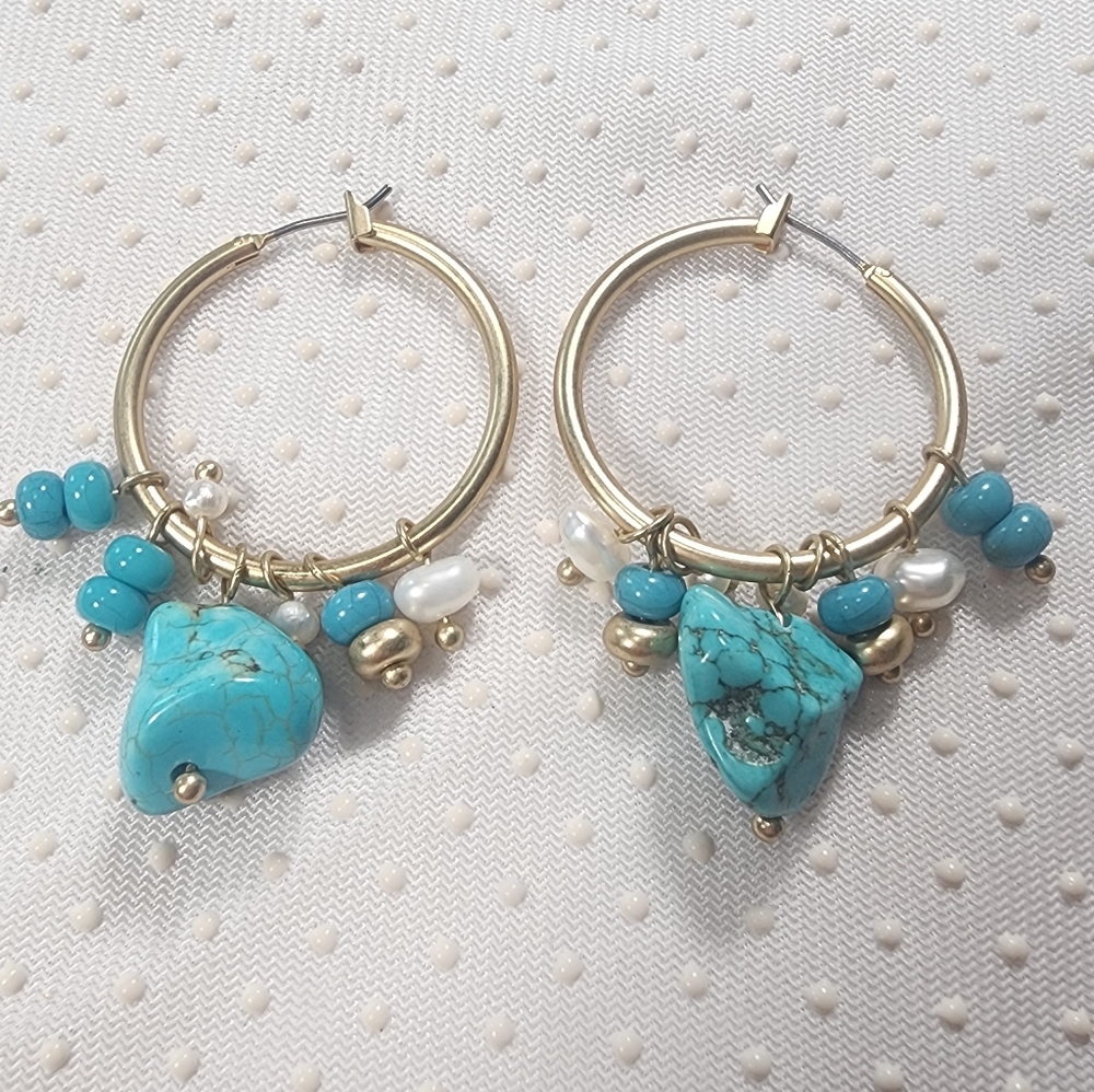 Turquoise and Gold- Tone  Hoop Earrings Bohemian and Trendy - Picture 2 of 6